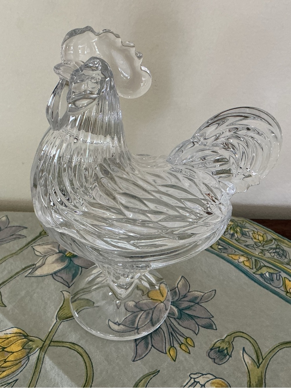 Clear Glass Rooster Figural Covered Candy Dish
